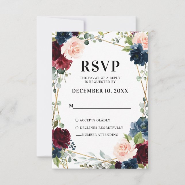 Burgundy Navy Blush Floral Geometric Wedding RSVP Karte (Vorderseite)