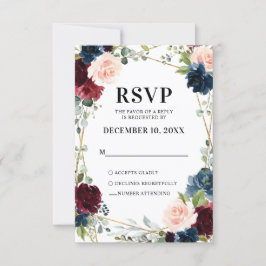 Burgundy Navy Blush Floral Geometric Wedding RSVP Karte