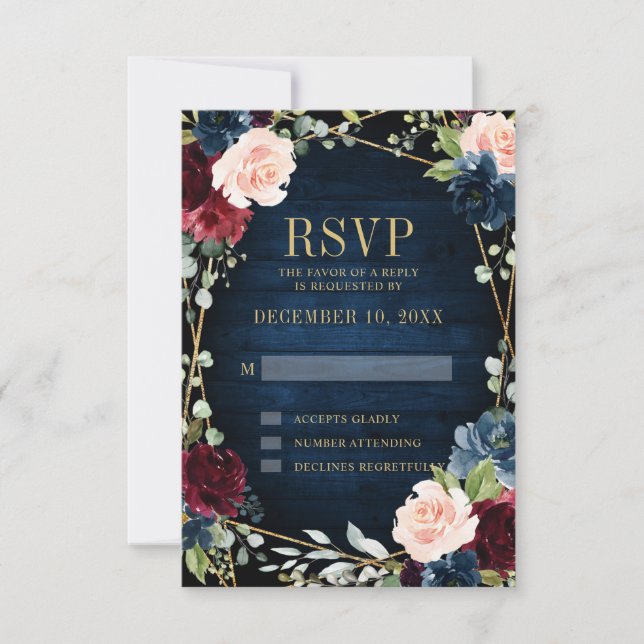 Burgundy Navy Blush Floral Geometric Wedding RSVP Karte (Vorderseite)