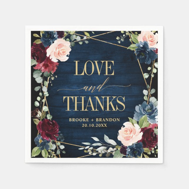 Burgundy Navy Blush Floral Geometric Wedding Serviette (Vorderseite)