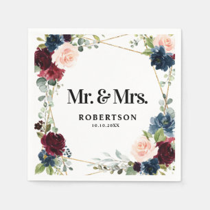 Burgundy Navy Blush Floral Geometric Wedding Serviette