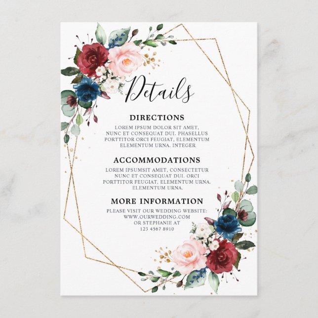 Burgundy Navy Blush Floral Gold Geometric Wedding Begleitkarte (Vorderseite)