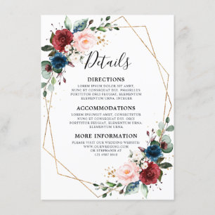 Burgundy Navy Blush Floral Gold Geometric Wedding Begleitkarte
