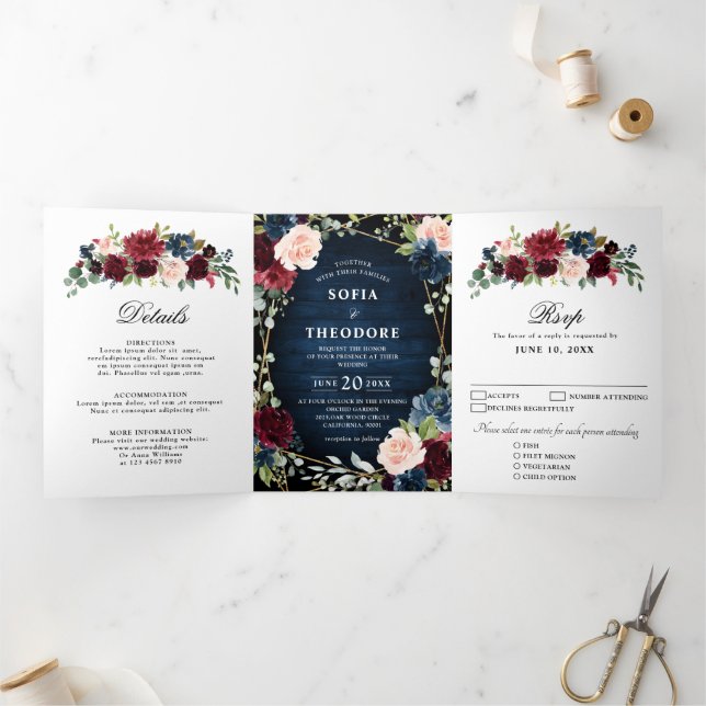 Burgundy Navy Blush Floral Gold Geometric Wedding Dreifach Gefaltete Ankündigung (Innenseite)