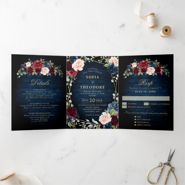 Burgundy Navy Blush Floral Gold Geometric Wedding Dreifach Gefaltete Ankündigung (Innenseite)