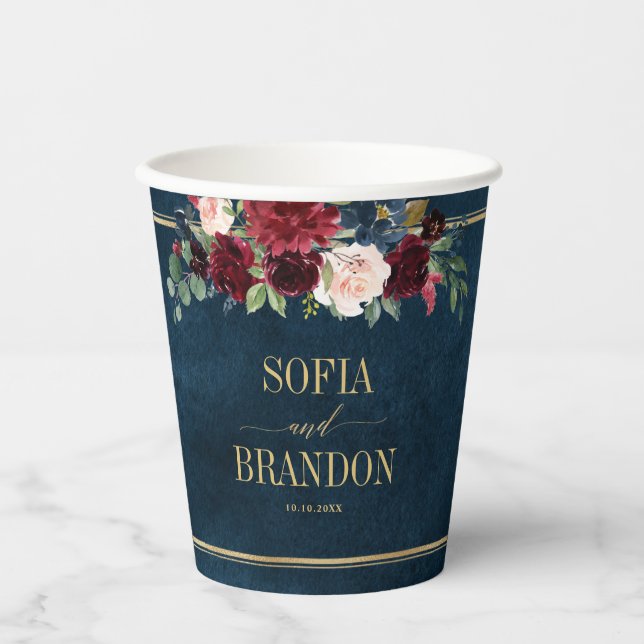 Burgundy Navy Blush Floral Gold Geometric Wedding Pappbecher (Vorderseite)