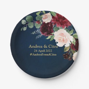 Burgundy Navy Blush Floral Gold Geometric Wedding Pappteller
