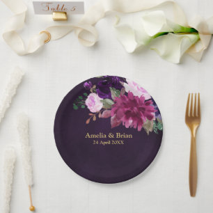 Burgundy Navy Blush Floral Gold Geometric Wedding Pappteller