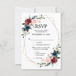Burgundy Navy Blush Floral Gold Geometric Wedding RSVP Karte