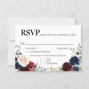 Burgundy Navy Blush Floral Gold Geometric Wedding RSVP Karte