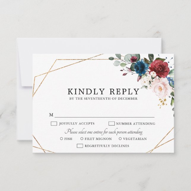 Burgundy Navy Blush Floral Gold Geometric Wedding RSVP Karte (Vorderseite)