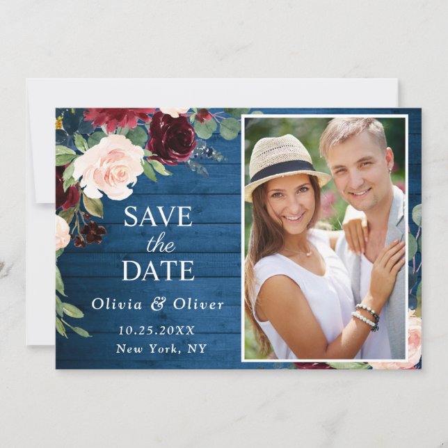 Burgundy Navy Blush FOTO Blumenhochzeit Save The Date (Vorderseite)