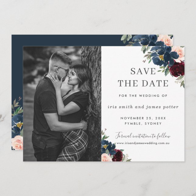 Burgundy Navy Blush Foto Save the Date Einladung (Vorne/Hinten)