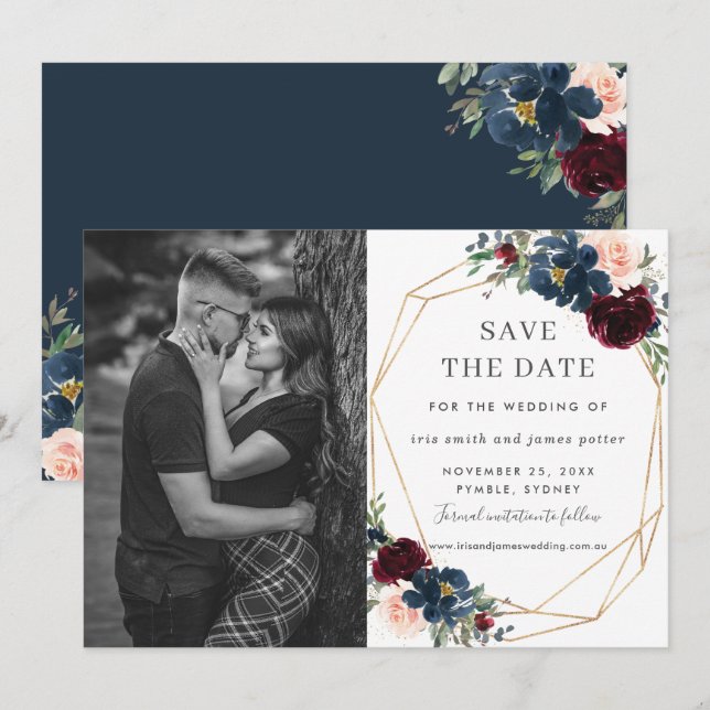 Burgundy Navy Blush Foto Save the Date Einladung (Vorne/Hinten)