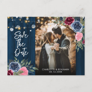 Burgundy Navy Blush Foto Save the Date Postkarte