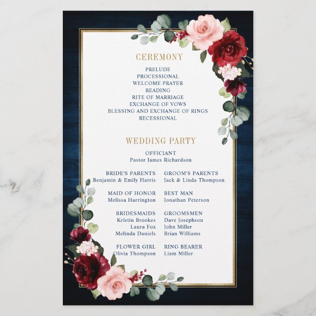 Burgundy Navy Blush Geometric Wedding Program (Rückseite)