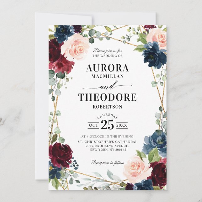 Burgundy Navy Blush Gold Geometric QR Code Wedding Einladung (Vorderseite)