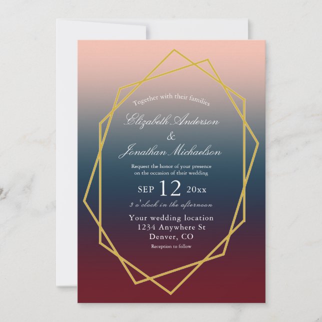 Burgundy Navy Blush Ombre Geometric Wedding Einladung (Vorderseite)