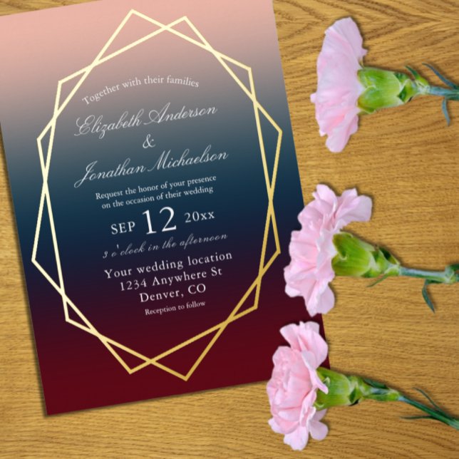 Burgundy Navy Blush Ombre Geometric Wedding Folieneinladung (Von Creator hochgeladen)
