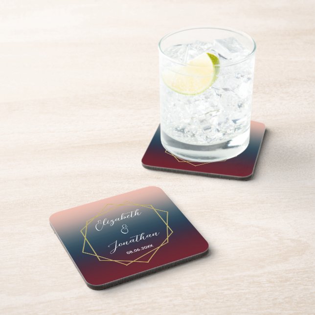 Burgundy Navy Blush Ombre Geometric Wedding Getränkeuntersetzer (Rechte Seite)