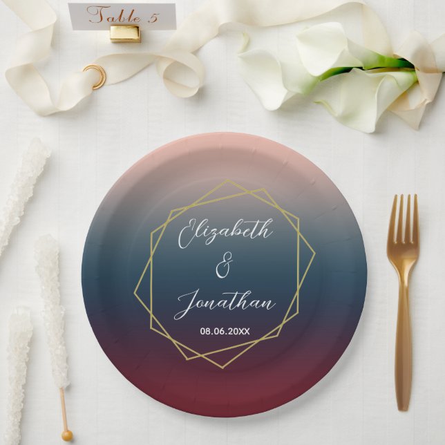 Burgundy Navy Blush Ombre Geometric Wedding Pappteller (Hochzeit)