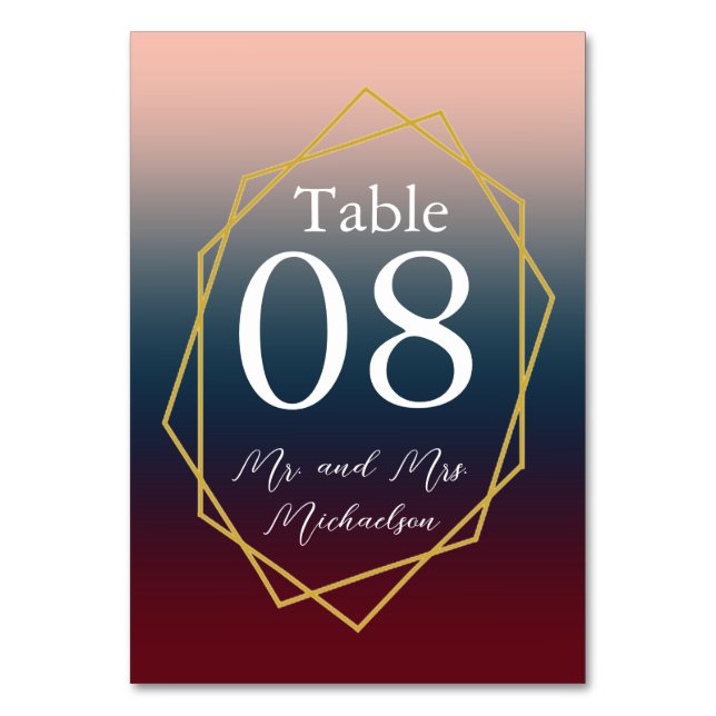 Burgundy Navy Blush Ombre Geometric Wedding Tischnummer (Vorderseite)