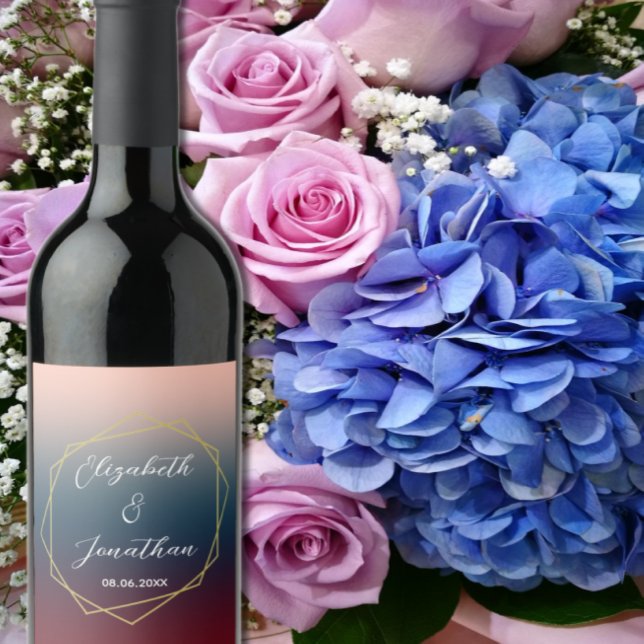 Burgundy Navy Blush Ombre Geometric Wedding Weinetikett (Von Creator hochgeladen)