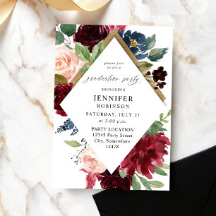 Burgundy Navy & Blush Pink Floral Graduation Party Einladung