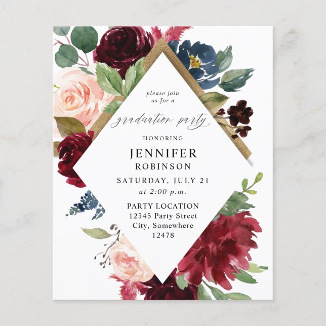 Burgundy Navy & Blush Pink Graduation Party Flyer (Vorne)