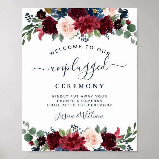 Burgundy Navy Blush Unplugged Wedding Zeremonie Poster (Vorne)