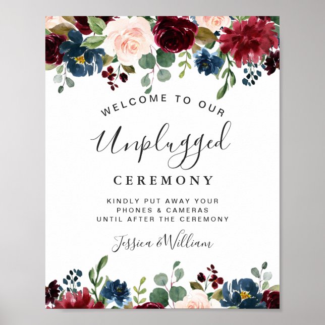 Burgundy Navy Blush Unplugged Wedding Zeremonie Poster (Vorne)