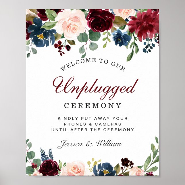 Burgundy Navy Blush Unplugged Wedding Zeremonie Poster (Vorne)