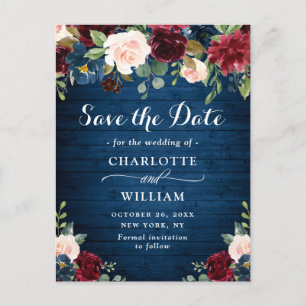 Burgundy Navy Blush Wedding speichern das Datum Postkarte