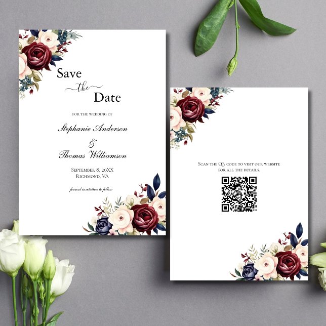 Burgundy Navy Cream Floral Eleganter moderner QR-C Save The Date (Burgundy, Navy Blue, Cream Floral Watercolor QR code Wedding Save the Date Cards)