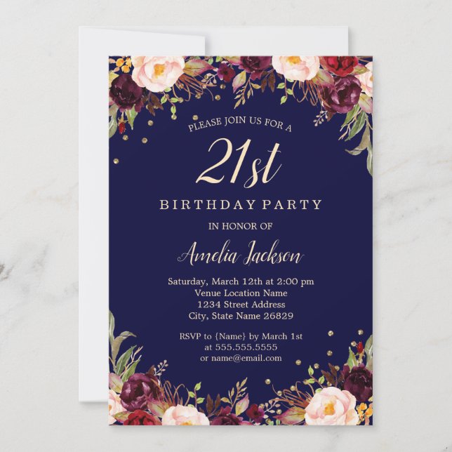 Burgundy Navy Elegant Floral 21. Geburtstag Party Einladung (Vorderseite)