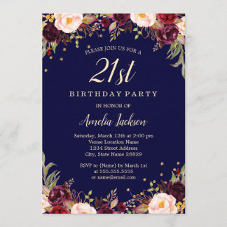 Burgundy Navy Elegant Floral 21. Geburtstag Party Einladung