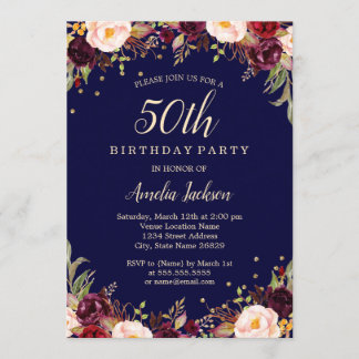 Burgundy Navy Elegant Floral 50. Geburtstagsparty Einladung