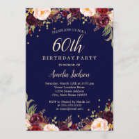 Burgundy Navy Elegant Floral 60. Geburtstagsparty