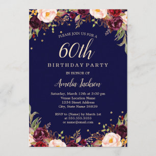 Burgundy Navy Elegant Floral 60. Geburtstagsparty Einladung