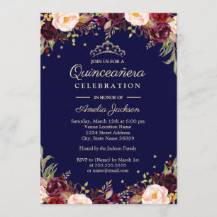 Burgundy Navy Elegant Floral Quinceanera Einladung