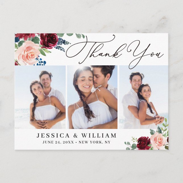 Burgundy Navy Eucalyptus Wedding 3 Foto Vielen Dan Postkarte (Vorderseite)