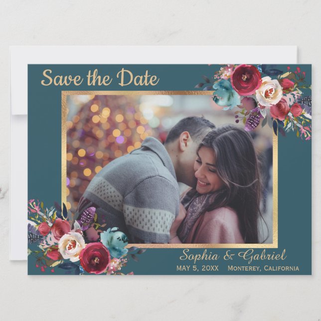 Burgundy Navy Floral auf Aquamarin | Foto Save the Date (Vorderseite)
