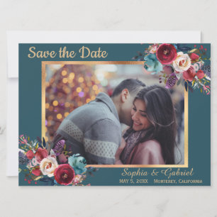 Burgundy Navy Floral auf Aquamarin   Foto Save the Save The Date