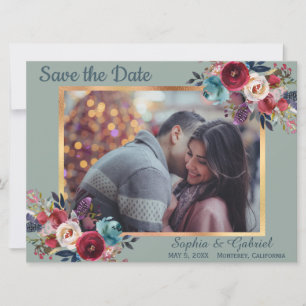 Burgundy Navy Floral auf grünem Foto Save the Date