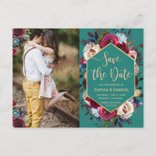 Burgundy Navy Floral auf grünem Foto Save the Date Ankündigungspostkarte