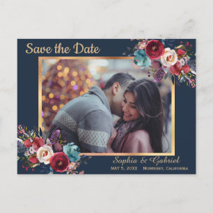 Burgundy Navy Floral Blue Foto Save the Date Ankündigungspostkarte