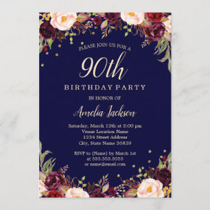 Burgundy Navy Floral Elegant 90. Geburtstagsparty Einladung