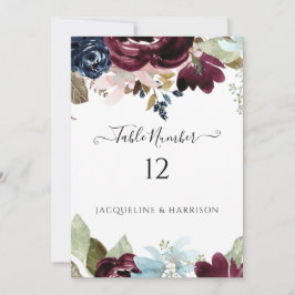 Burgundy Navy Floral Elegante Foliage Tischnummer