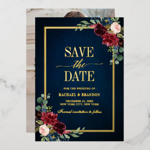 Burgundy Navy Floral Gold Foto Save the Date Folieneinladung