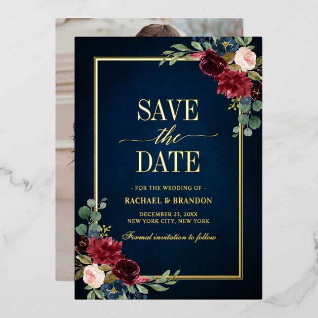 Burgundy Navy Floral Gold Foto Save the Date Folieneinladung (Vorderseite/Rückseite)
